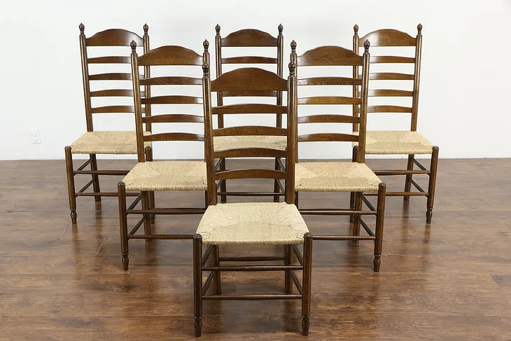 Set of 6 Farmhouse Oak Rush Seat Vintage Ladder Back Dining Chairs #36055
