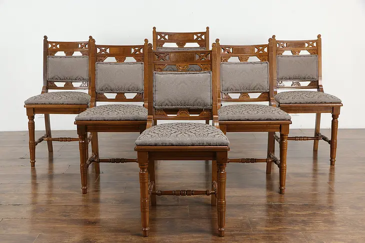 Victorian Eastlake Antique Set of 6 Walnut Dining Chairs, New Upholstery #34822