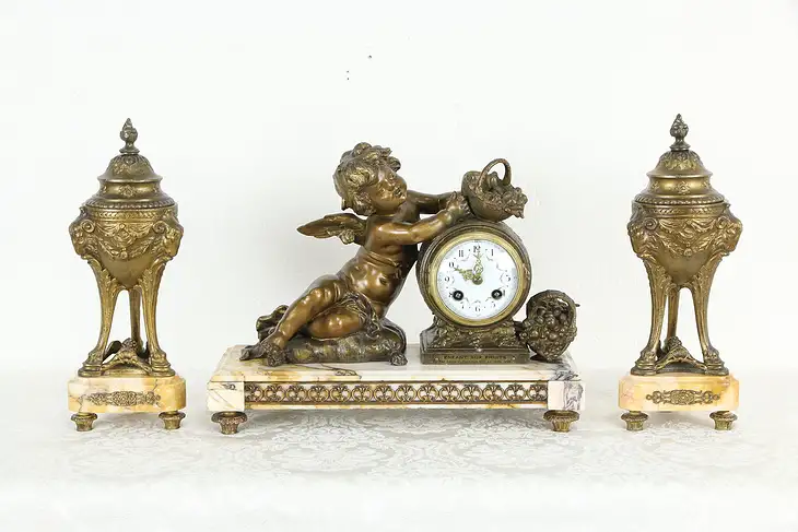 French 3 Pc Antique Marble Mantel Clock Set, Angel or Cherub Sculpture #35335