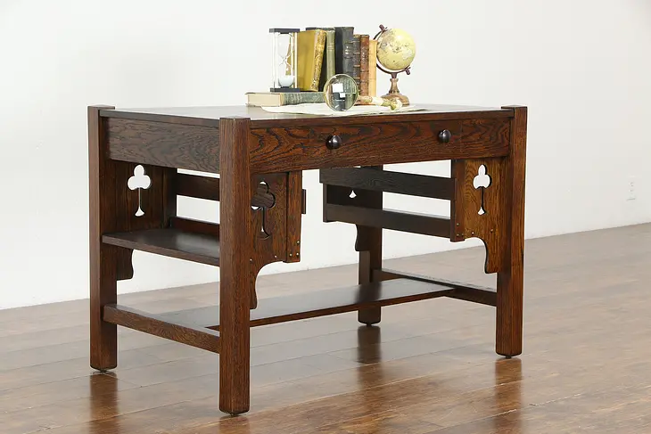 Arts & Crafts Mission Oak Antique Craftsman Library Table Desk, Shelves #35773