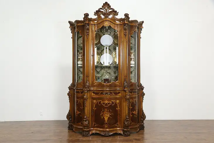 Baroque Italian Marquetry Carved Vintage China or Curio Display Cabinet #36135