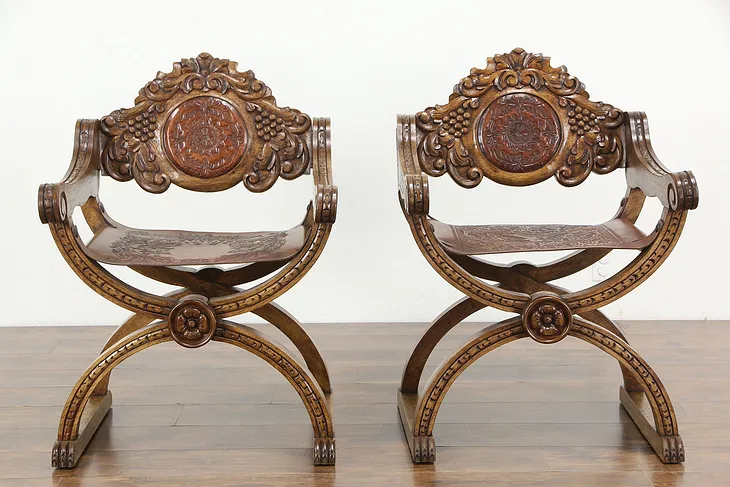 Pair Spanish Vintage Savonarola Chairs Grape Carved, Tooled Leather #36185