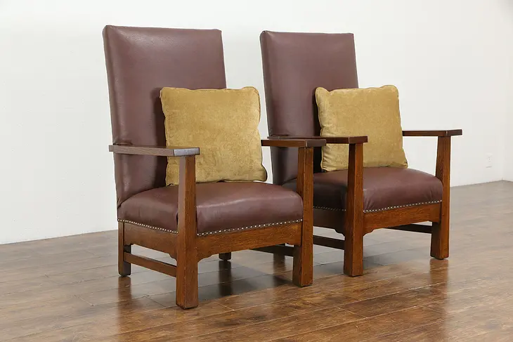 Arts & Crafts Mission Oak Antique Pair of Large Craftsman Lodge Chairs #36203
