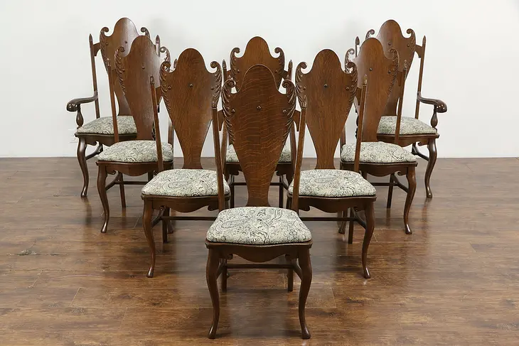Set of 8 Art Nouveau Antique Carved Oak Dining Chairs, New Upholstery #36286