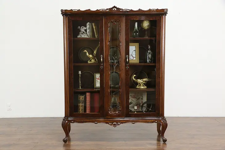 Walnut & Burl Carved Italian Antique Bookcase, Curio China Cabinet #35742