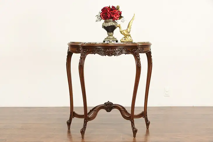 Carved Walnut Antique French Hall Console Table, Marble Top #36389