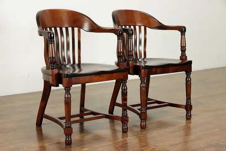 Pair of 1910 Antique Birch Hardwood Office Banker or Desk Chairs #33996