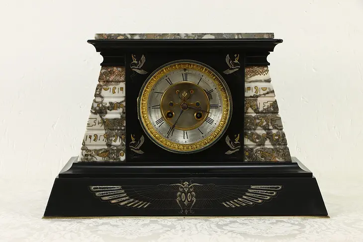 Egyptian Design Antique Marble Clock, Jeweled Escapement, France #34641