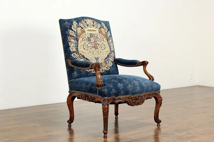 French Design Vintage Chair, Heraldic Crest Upholstery, Erica Brunson LA #36563