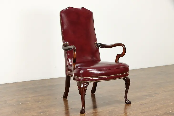 Georgian Vintage Mahogany & Leather Chair, Brass Nail Heads, Classic #36734