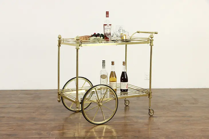 Classical Brass & Glass Vintage Bar Serving Cart,. Pineapple Finials #34395