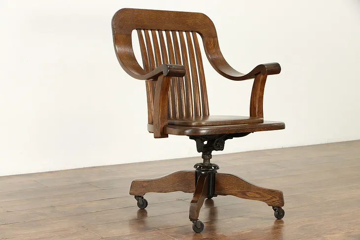 Oak swivel Office Desk Chair, Leather Seat "Hubbard, Eldredge & Miller" #35801