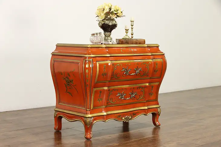 Chinese Design Lacquered Hand Painted Bombe Vintage Chest, Karges #35963