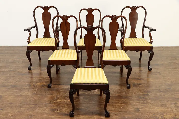 Set of 6 Georgian Chippendale Vintage Dining Chairs, New Upholstery #36047