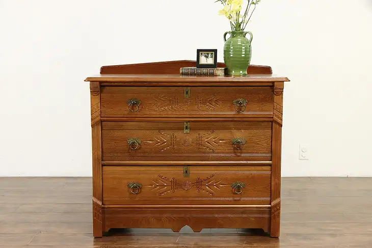 Victorian Eastlake Antique Ash & Oak Spoon Carved Chest or Dresser #36316