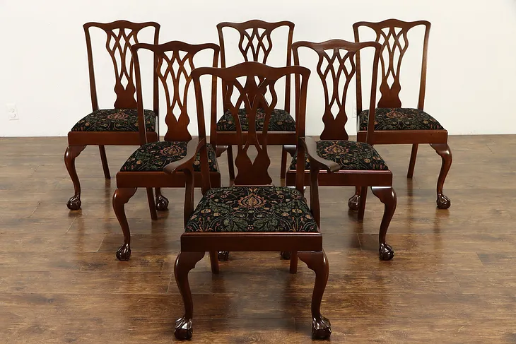 Set of 6 Georgian Chippendale Mahogany 1930 Antique Dining Chairs #36809