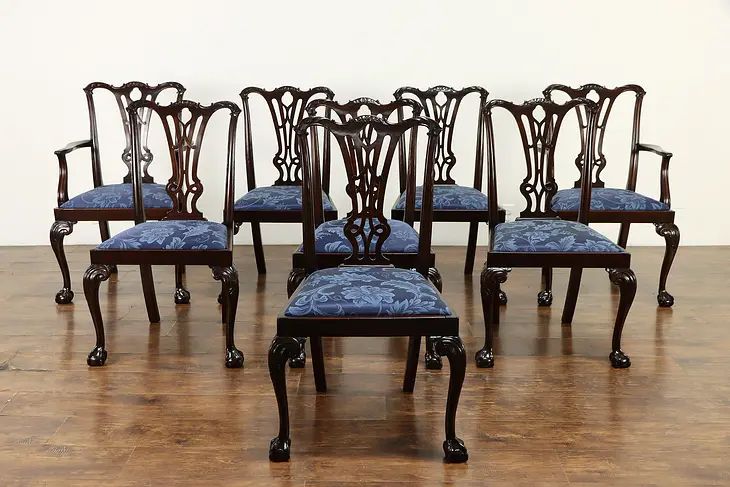 Set of 8 Georgian Chippendale Design Vintage Dining Chairs New Upholstery #36117