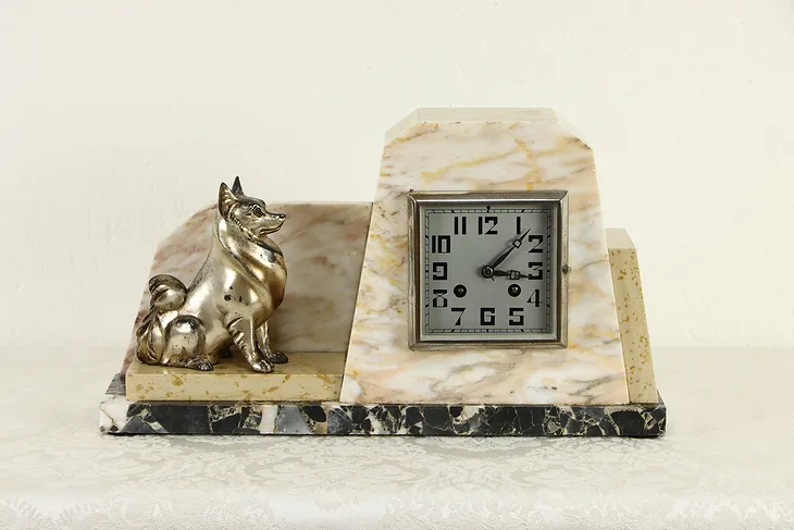 Art Deco French Antique 3 Color Marble Clock with Dog Statue, F. Marti #36457