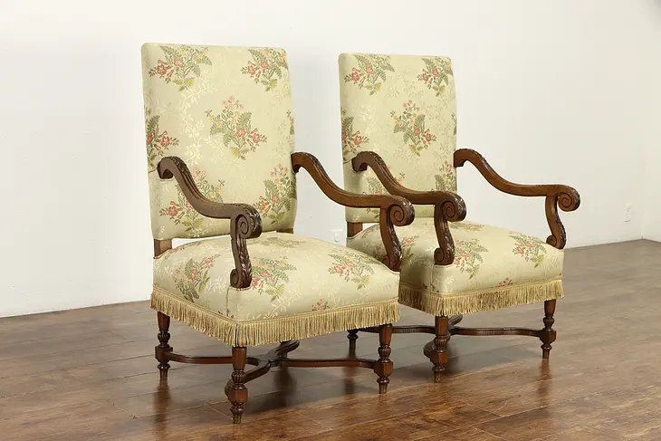 Pair of Antique Hand Carved Oak French Chairs, Tapestry with Fringe #36893