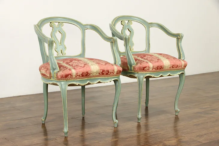 Pair of Hand Painted Antique Italian Carved Chairs #36973
