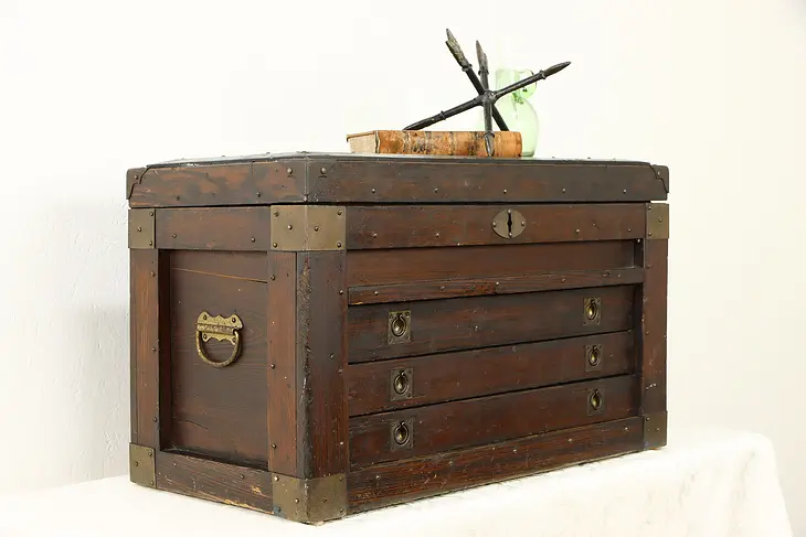 Farmhouse Country Pine Antique Tool or Collector Chest, Coffee Table #37082