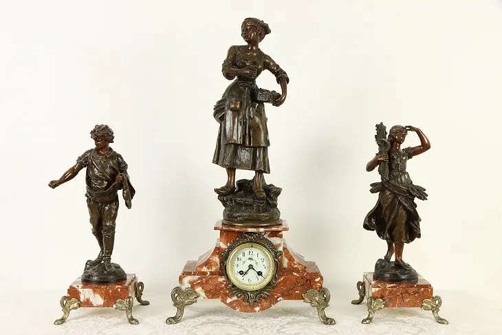 French Antique Red Marble 3 Pc Mantel Clock Set with Statues, Marti #35954
