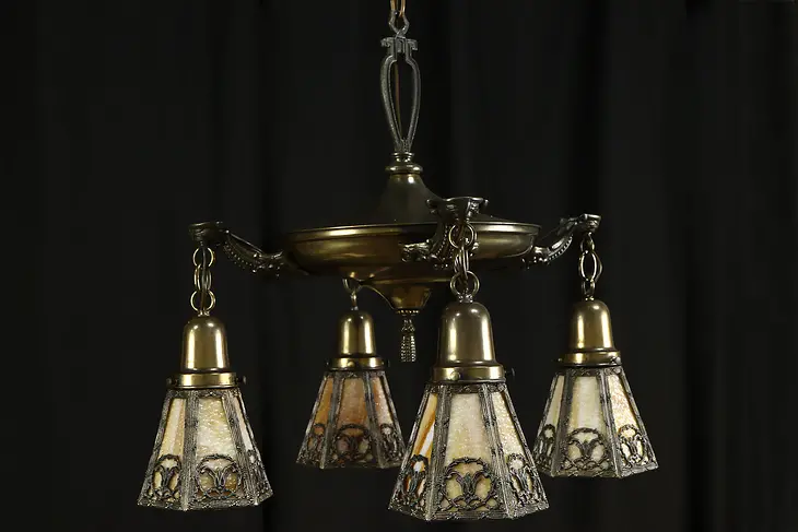 Brass Antique 1910 Chandelier, 4 Stained Glass Filigree Shades #36894