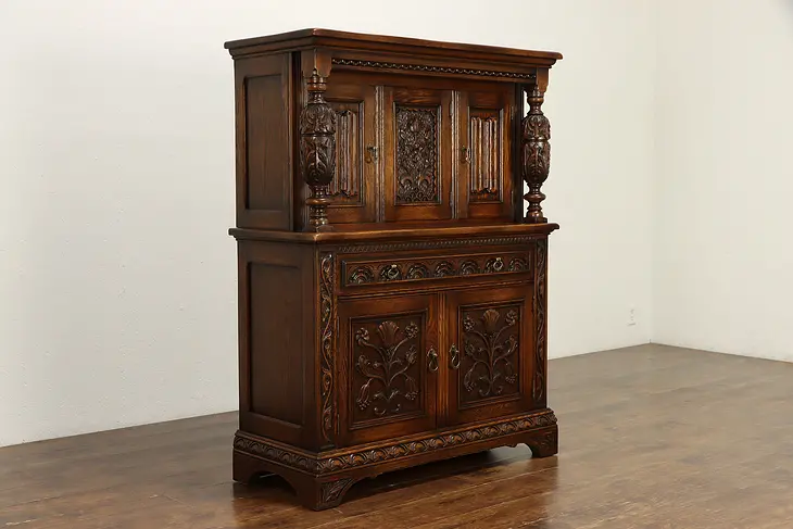 Oak Carved English Tudor Antique China or Bar Cabinet, Northern #37005