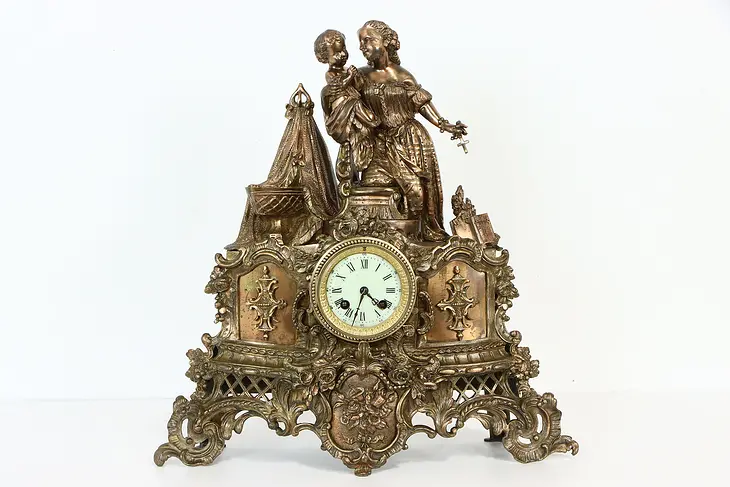 Mother & Baby Bronze Statue Antique French Mantel Clock, A.D. Mougin #34702