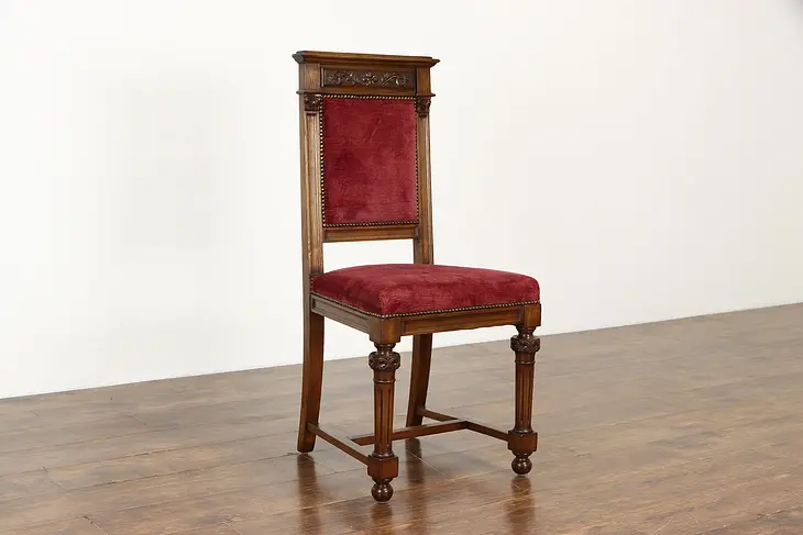 Italian Carved Walnut Antique Dining, Desk or Hall Chair, Old Velvet #36663