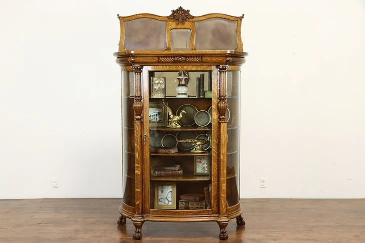 Victorian Antique Oak Curved Glass China Curio Cabinet, Lion Head & Paws #37379