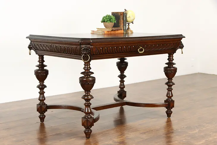 Renaissance Antique Italian Oak Desk or Library Table, Carved Lions #33745
