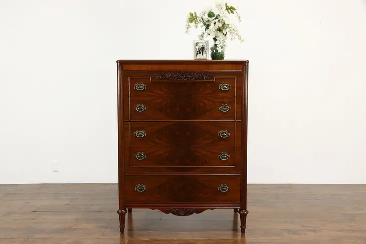French Style Antique Walnut & Burl Tall Chest or Dresser #35376