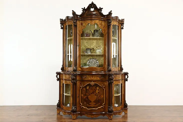 Baroque Italian Marquetry Carved Vintage China or Curio Display Cabinet #36131