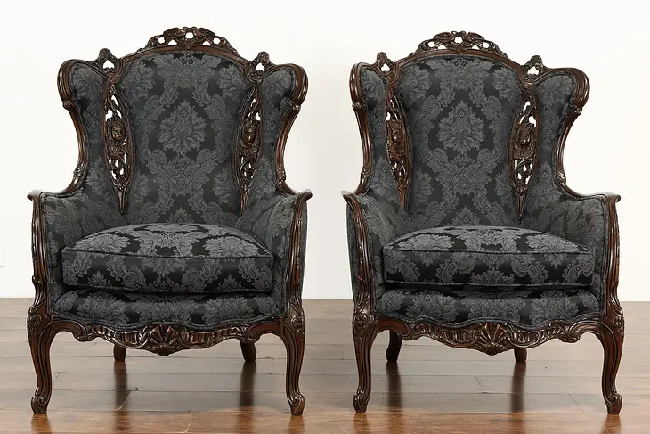 Pair of Vintage Wing Chairs, Carved Lovebirds & Angels, New Upholstery #36266