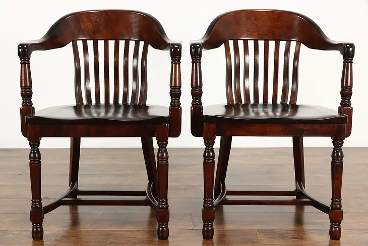 Pair of 1910 Antique Birch Hardwood Office Banker or Desk Chairs #36667