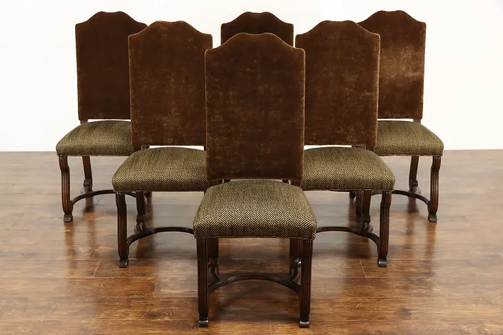 Set of 6 Country French Farmhouse Oak Vintage Dining Chairs, Mohair #37126