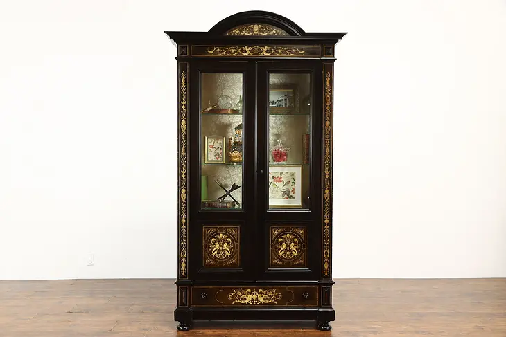 Cabinet of Curiosities, Antique Ebony Curio Display, Inlaid Marquetry #37214