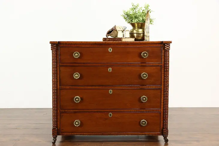 Curly or Tiger Maple Farmhouse Antique 1825 Sheraton Chest or Dresser #37220