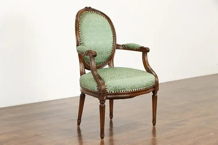 French Carved Oak Antique Armchair, Green Upholstery, Signed  #37293