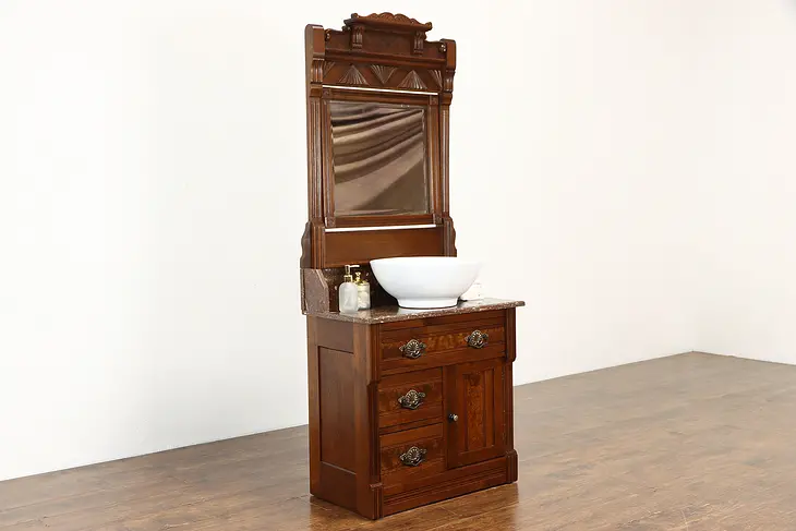 Victorian Eastlake Antique Walnut Chest Nightstand Commode, Mirror Marble #37350