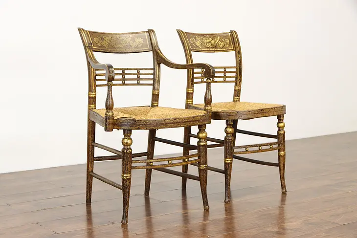 Pair of Federal Antique 1820 Hand Painted Rush Seat Chairs #36786