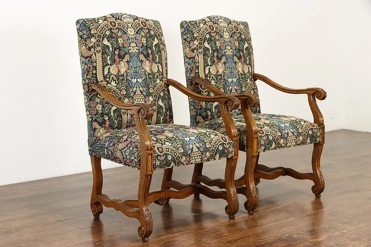 Pair of Renaissance Carved Vintage Chairs, Tapestry Upholstery #36830