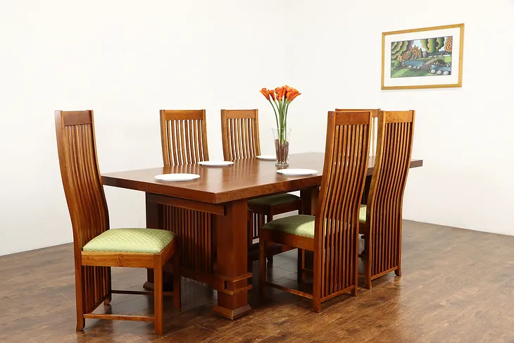 Arts & Crafts Mission Cherry Vintage Craftsman Dining Set Table, 6 Chairs #37213