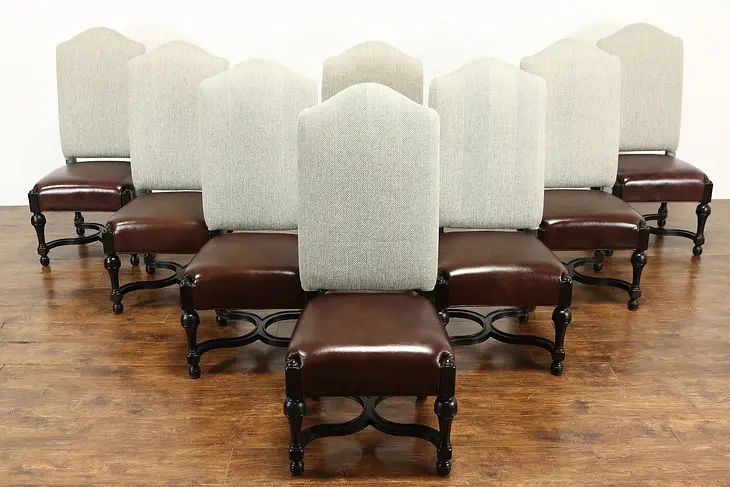 Set of 8 Large Custom Designer Vintage Dining Chairs, Leather Seats #37633