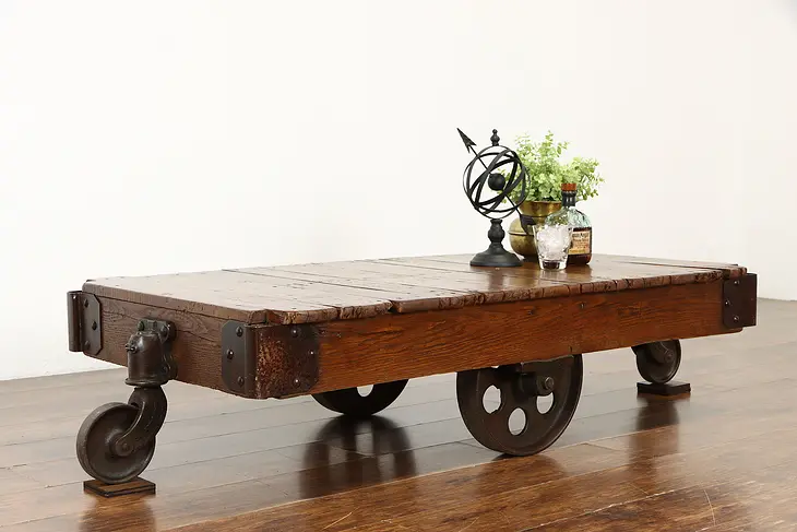 Industrial Salvage Antique Oak & Iron Railroad Cart, Coffee Table #37637