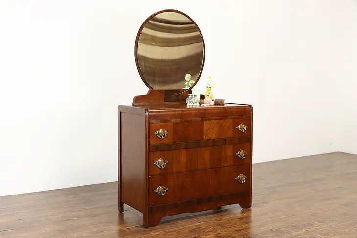 Art Deco Waterfall Vintage Chest or Dresser & Mirror, Bakelite Pulls #36818