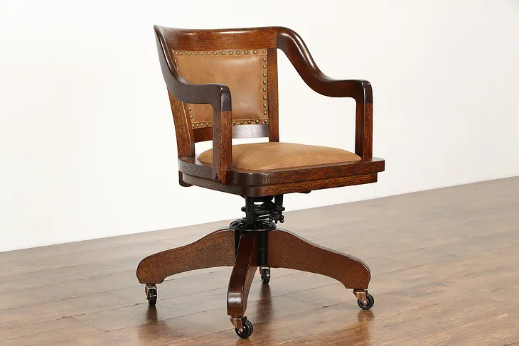Oak Antique Swivel Adjustable Leather Office Desk Chair, Milwaukee #35006