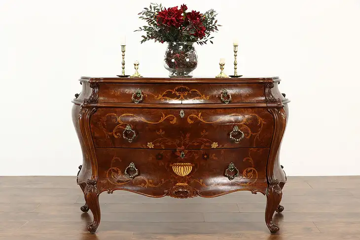 Bombe & Marquetry Antique Italian Linen Chest, Dresser or Commode #36322