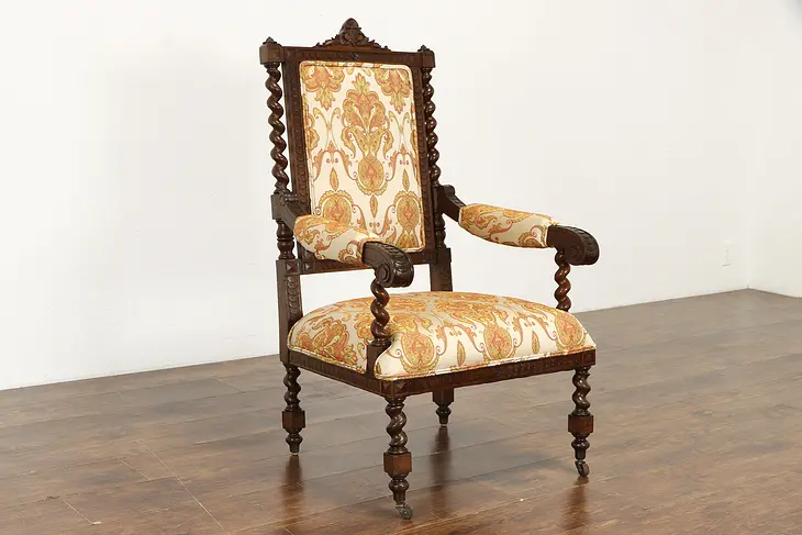 Italian Antique Carved Oak Armchair, Spiral Columns, New Upholstery #36903